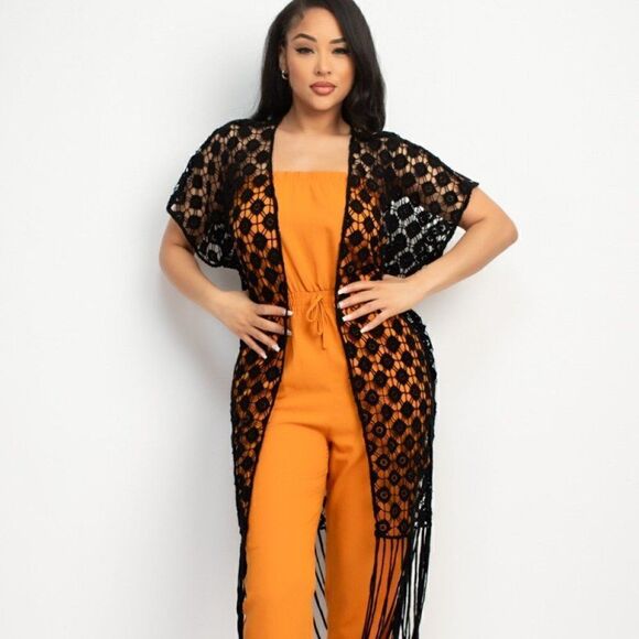 Crocheted open-front fringe black kimono‎ - Picture 1 of 5